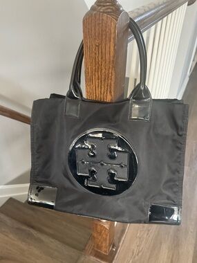Tory Burch Black Nylon Tote with Patent Logo
